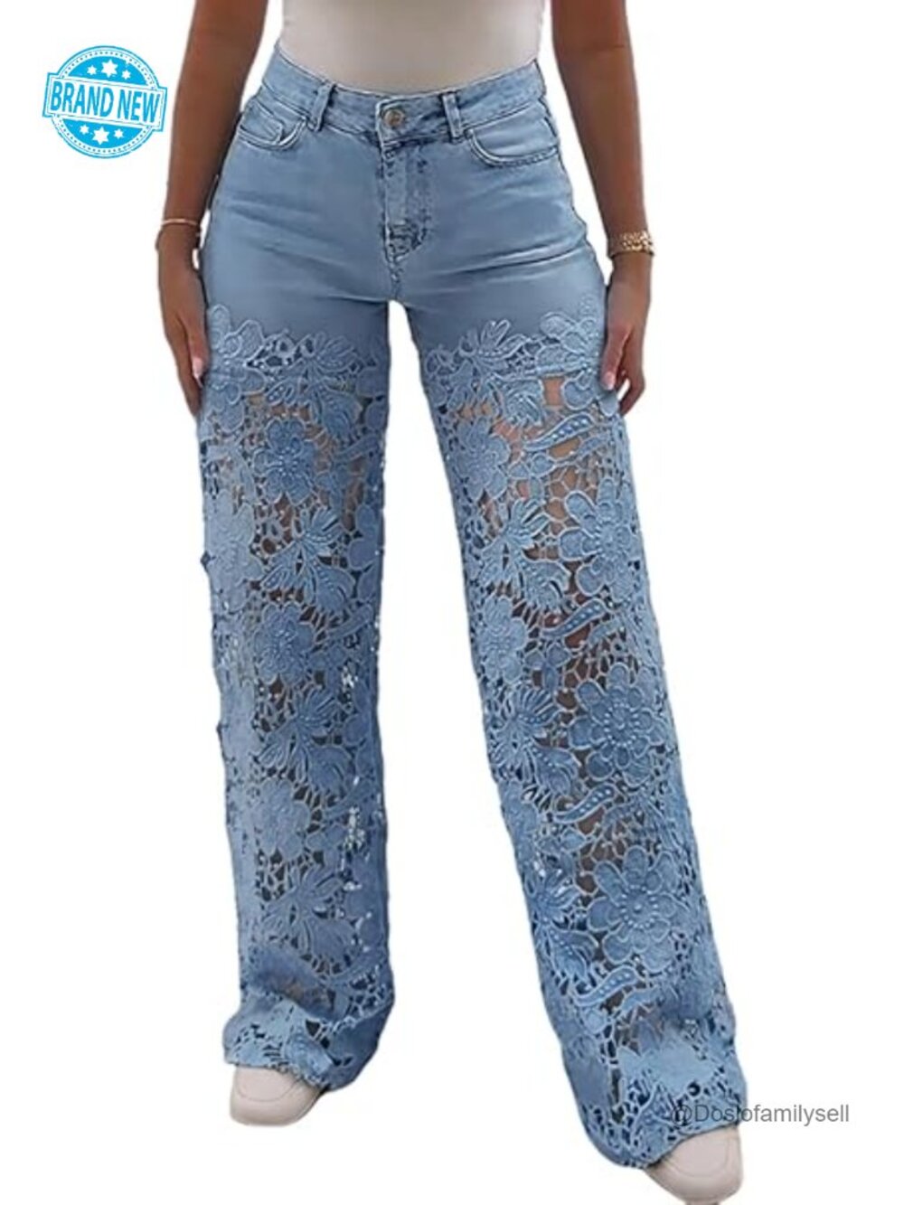 High Waist Wide Leg Jeans with Lace Spliced Floral Detail Stretchy Zipper - Picture 1 of 7